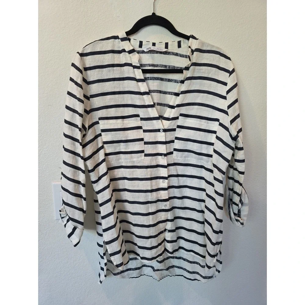 Zara Striped 100% LINEN SHIRT NAVY WHITE Sz L NWOT Quiet Luxury Euro Summer - Picture 2 of 7